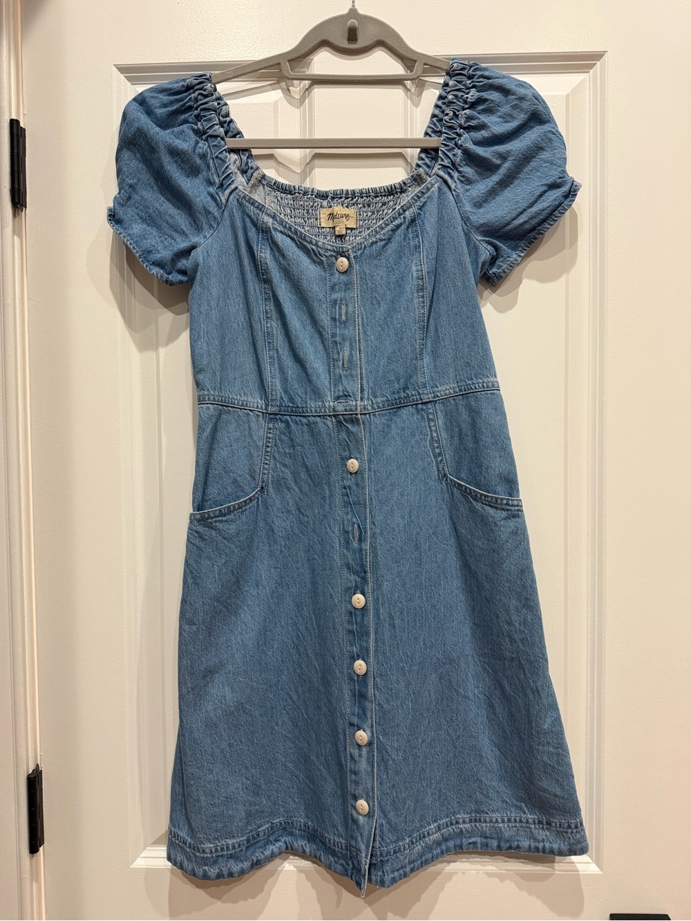 Madewell Blue Denim Puff-Sleeve Button-Front Dress. Size 0.